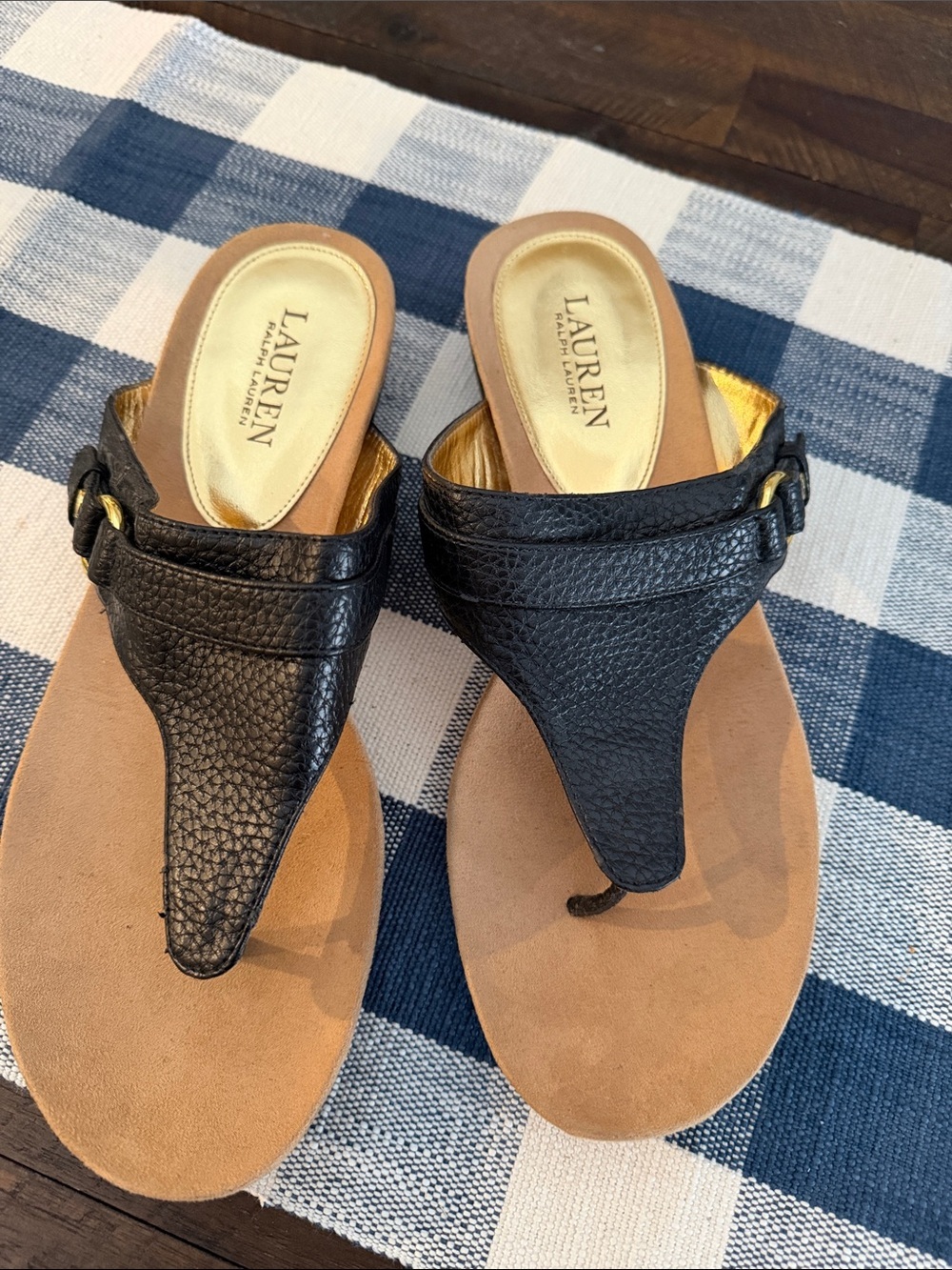 Lauren Ralph Lauren Black Leather Thong Sandals with Gold Buckle